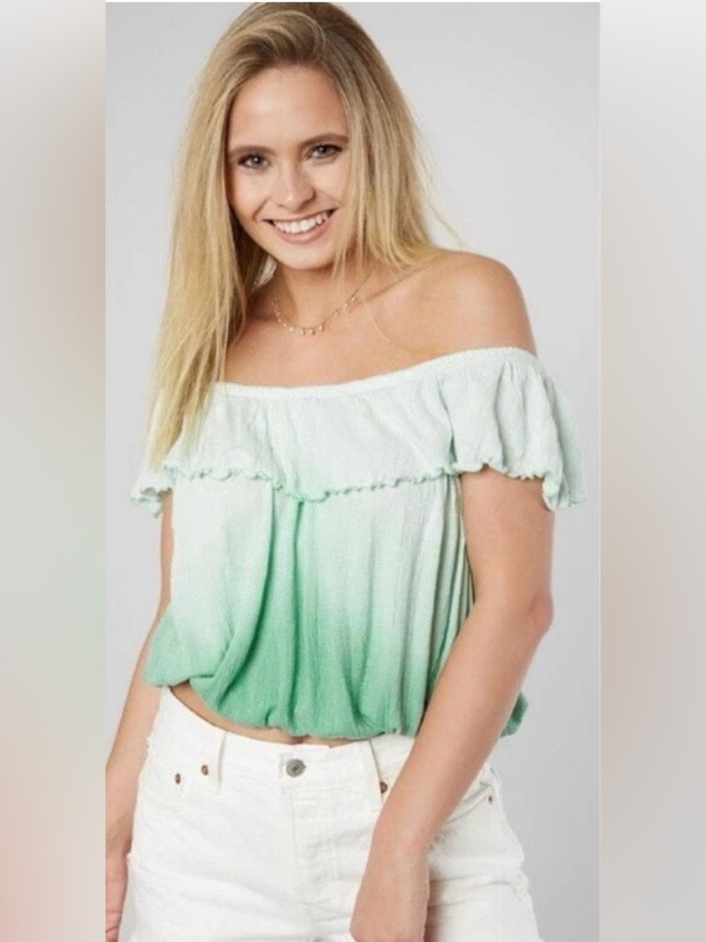 Free People Sz M Cora Lee Green Ombré Off the Shoulder Top
